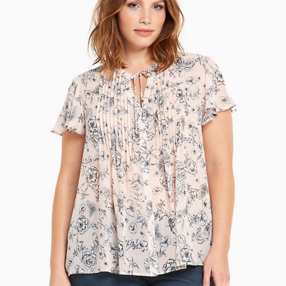 torrid Tops - Torrid Floral Print Pleated Chiffon Tie Front Top